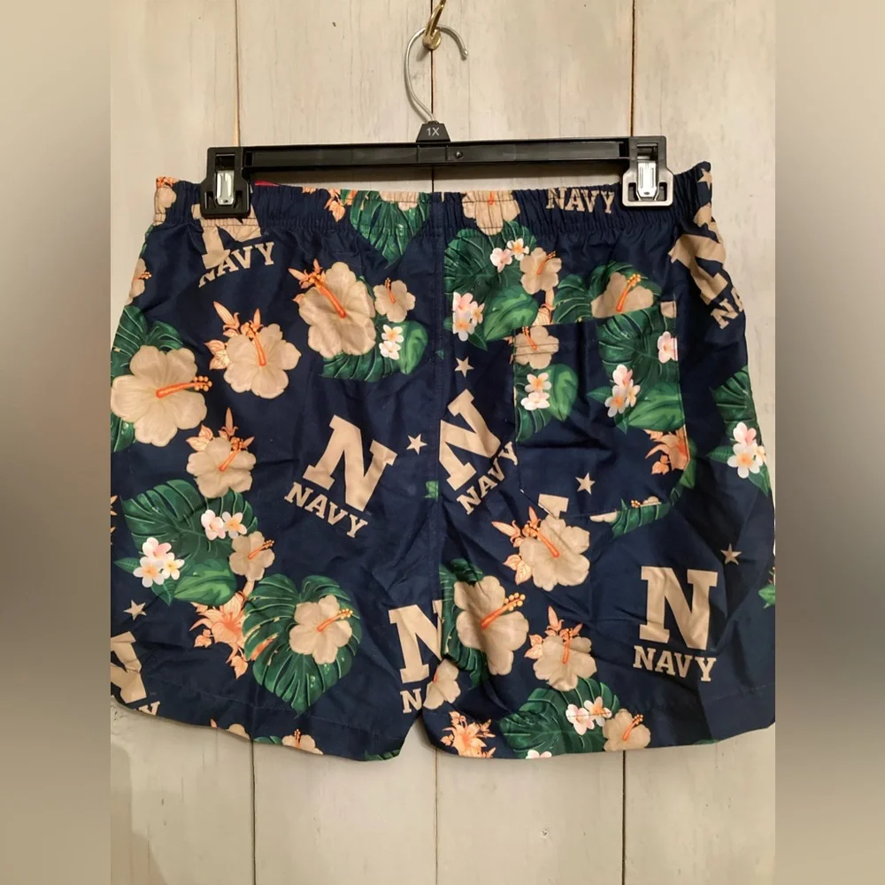 Navy Aloha Print LSwim Trunks Mens Large Shorts Blue 100% collegiate License New